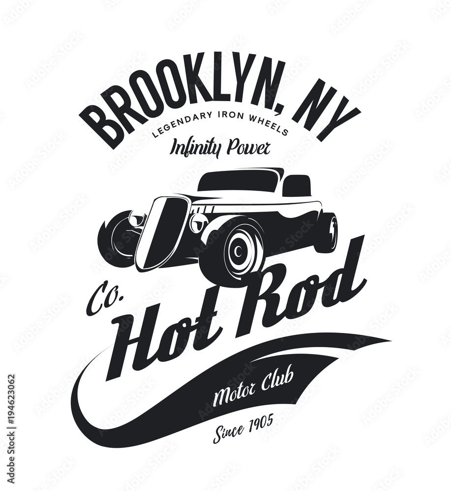 Plakat Vintage hot rod wektor logo koncepcja na białym tle. Premium emblemat stary samochód sportowy logotyp t-shirt ilustracja. Ulica Brooklyn w Nowym Jorku ma nadruk w stylu retro.