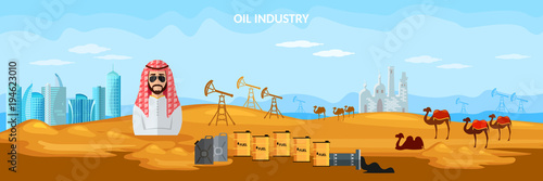 Oil production in Arab countries banner, arab men exploration and production of oil sheiks in desert