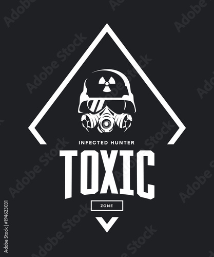 Rider in helmet and gas mask vector logo isolated on dark background.
Premium quality toxic zone logotype t-shirt emblem illustration. Street wear superior warrior retro tee print design.