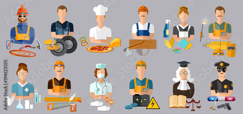 Collection professions. Profession people and avatars collection. Auto mechanic, cook, carpenter, laundress, electrician, judge, doctor, pharmacist, climber, policeman, welder vector