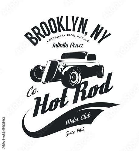 Vintage hot rod vector logo concept isolated on white background. 
Premium quality old sport car logotype t-shirt emblem illustration. Brooklyn, New York street wear superior retro tee print design.