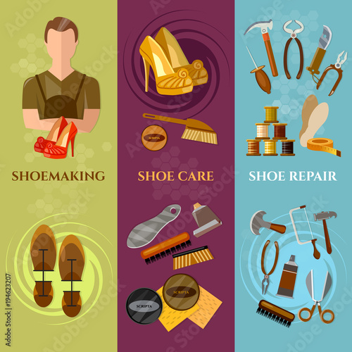 Shoemaker banners. Professional equipment cobbler shoe repair, shoe care shoemaker in the workplace vector art set