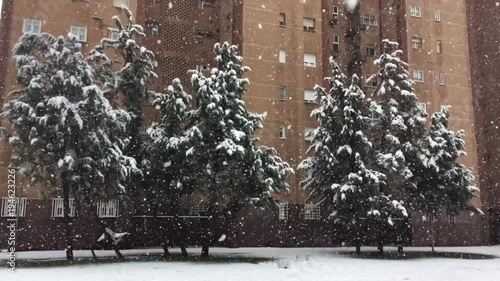 Urban landscape in Madrid, winter day snowy photo