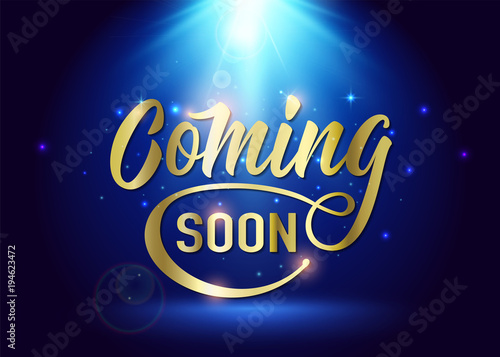 Coming soon sign. Promotion announcement banner with gold text