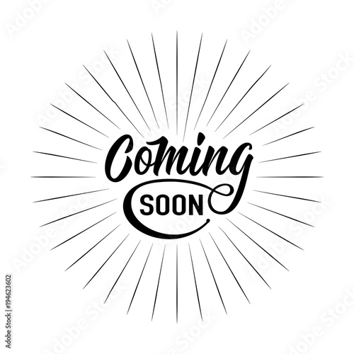 Coming soon sign isolated on white background with explosion burst rays