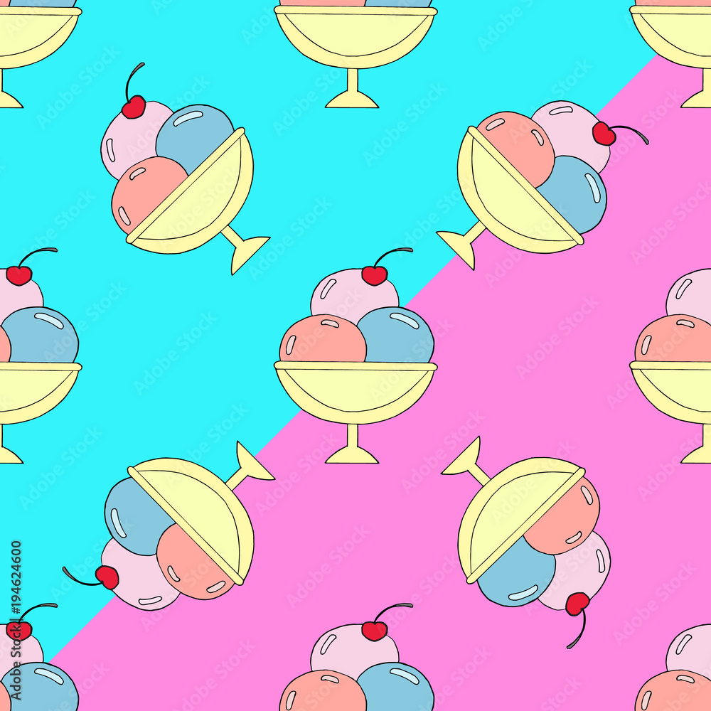 Cute hand drawn seamless pattern with different types of ice cream. Doodle texture with sweet desserts. Perfect background for cafe or restaurant menu.