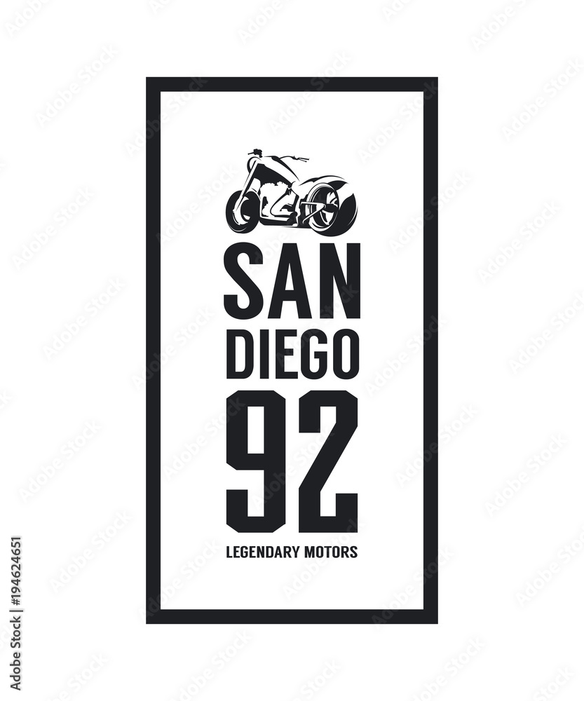 Fototapeta premium Vintage motorcycle vector logo isolated on white background. Premium quality biker gang logotype tee-shirt emblem illustration. San Diego, California street wear superior retro tee print design.
