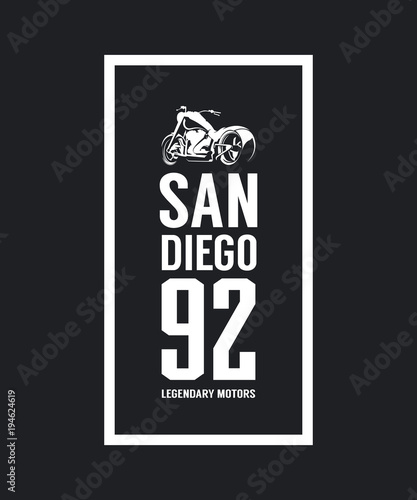 Vintage motorcycle vector logo isolated on dark background.
Premium quality biker gang logotype tee-shirt emblem illustration. San Diego, California street wear superior retro tee print design.
