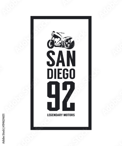 Vintage motorcycle vector logo isolated on white background.
Premium quality biker gang logotype tee-shirt emblem illustration. San Diego, California street wear superior retro tee print design.