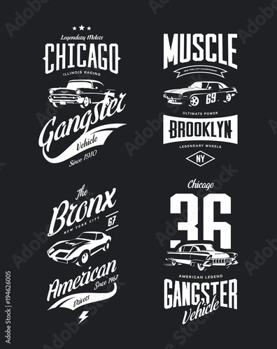 Vintage classic gangster, muscle car vector tee-shirt logo isolated set.
Premium quality old sport vehicle logotype t-shirt emblem illustration. American street wear superior retro tee print design.