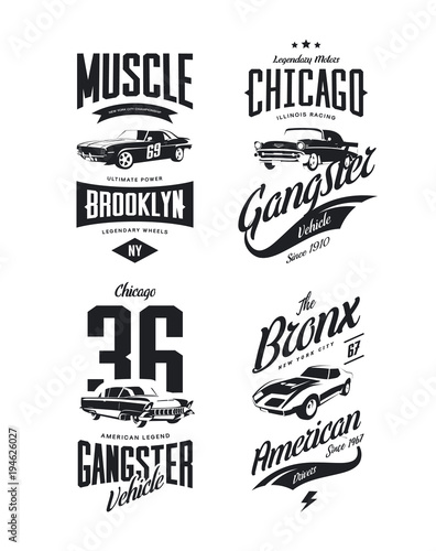 Vintage classic gangster, muscle car vector tee-shirt logo isolated set.
Premium quality old sport vehicle logotype t-shirt emblem illustration. American street wear superior retro tee print design.