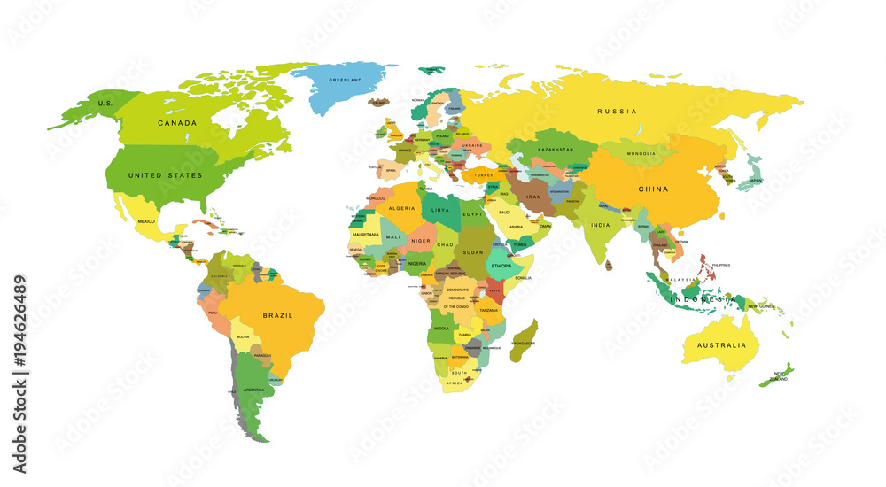 Fototapeta Szczegółowa mapa świata z krajami. Wektor