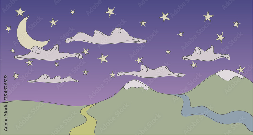 A colorful doodle about the quiet nature, a healthy landscape with mountains, snow, river, path, clouds, stars and the moon