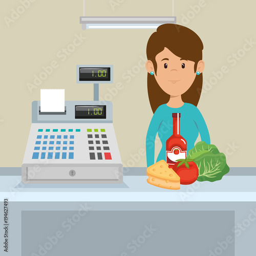 woman with supermarket groceries vector illustration design