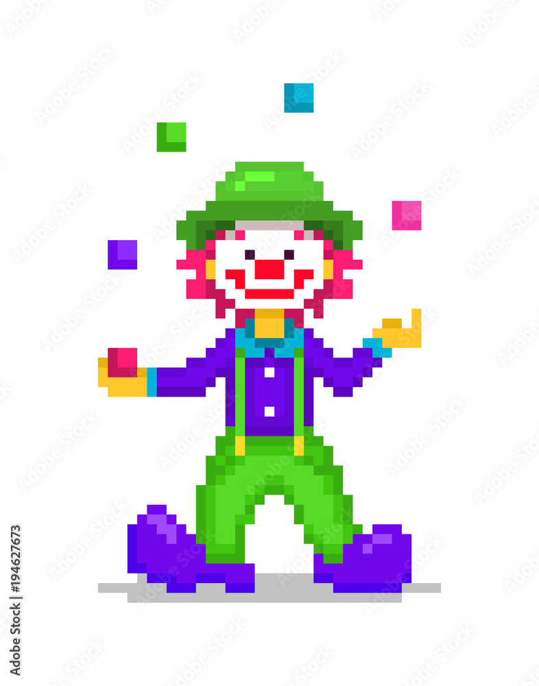 Pixel art illustration, happy smiling clown juggling 5 colorful balls isolated on white background. Circus show actor, male character in violet shirt and shoes, green hat and pants with suspenders.
