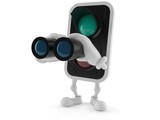 Green traffic light character looking through binoculars