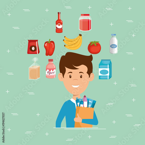 man with supermarket groceries in shopping bag vector illustration design