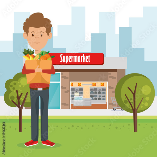 man with supermarket groceries in shopping bag vector illustration design