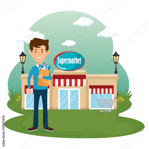 man with supermarket groceries in shopping bag vector illustration design