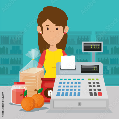 supermarket seller woman character vector illustration design