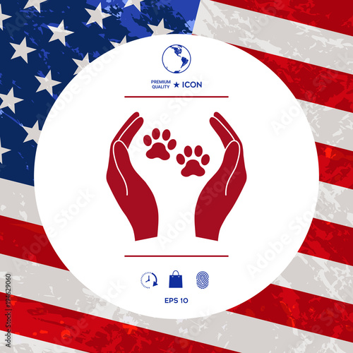 Shelter pets sign icon. Hands holds paw symbol. Animal protection