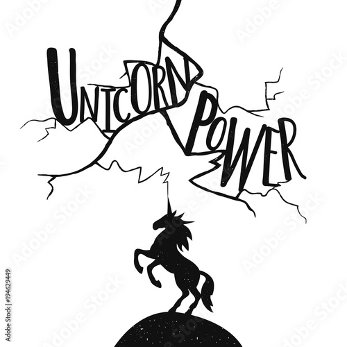 Vector illustration with lightning and the unicorn. Lettering Text - Unicorn Power. Typography poster with magic animal