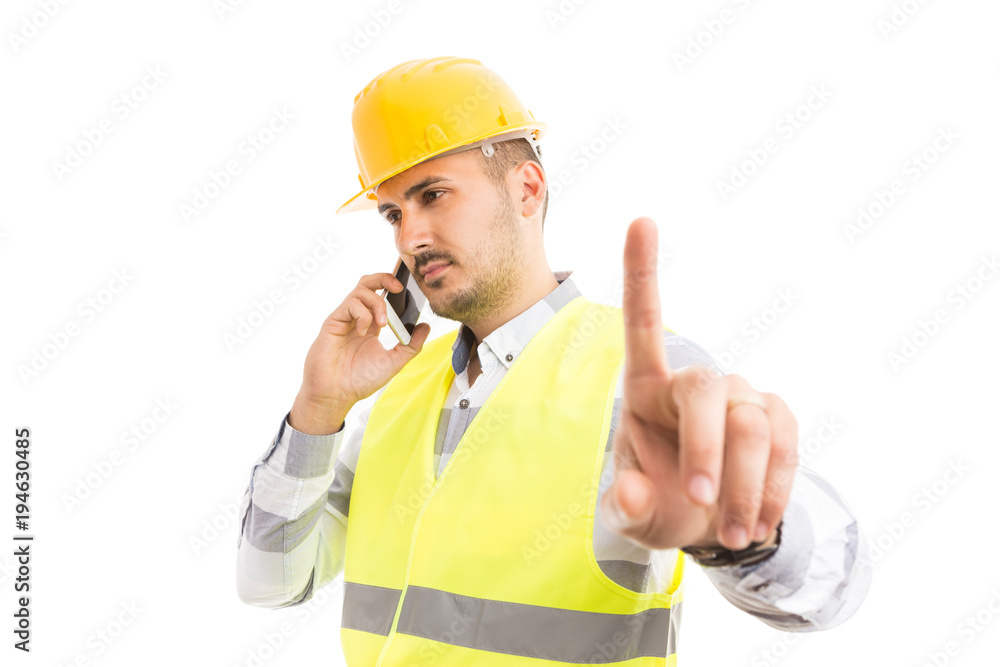 Busy architect or contractor showing wait hold gesture. Busy architect or contractor showing wait hold gesture.