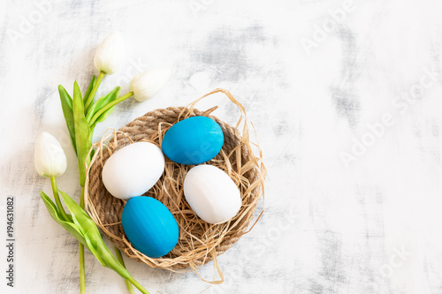 White and blue Easter eggs lie on a tray made of twine, under them is hay. Next to white tulips. White wooden vintage background. Copy space