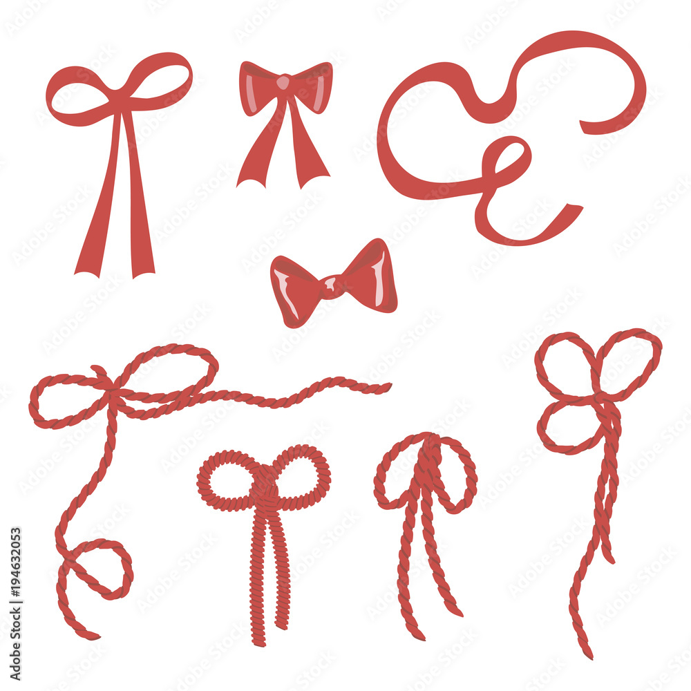 simple vector bright red bows, ribbons, rope tie on gifts isolated on white background simple vector bright red bows, ribbons, rope tie on gifts isolated on white background