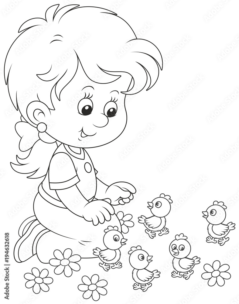 Little girl playing with small funny chicks, a black and white vector illustration in a cartoon style for a coloring book