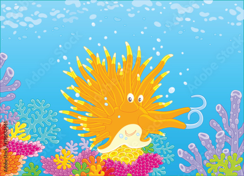 Funny tropical mollusc among colorful corals on a reef, a vector illustration in a cartoon style