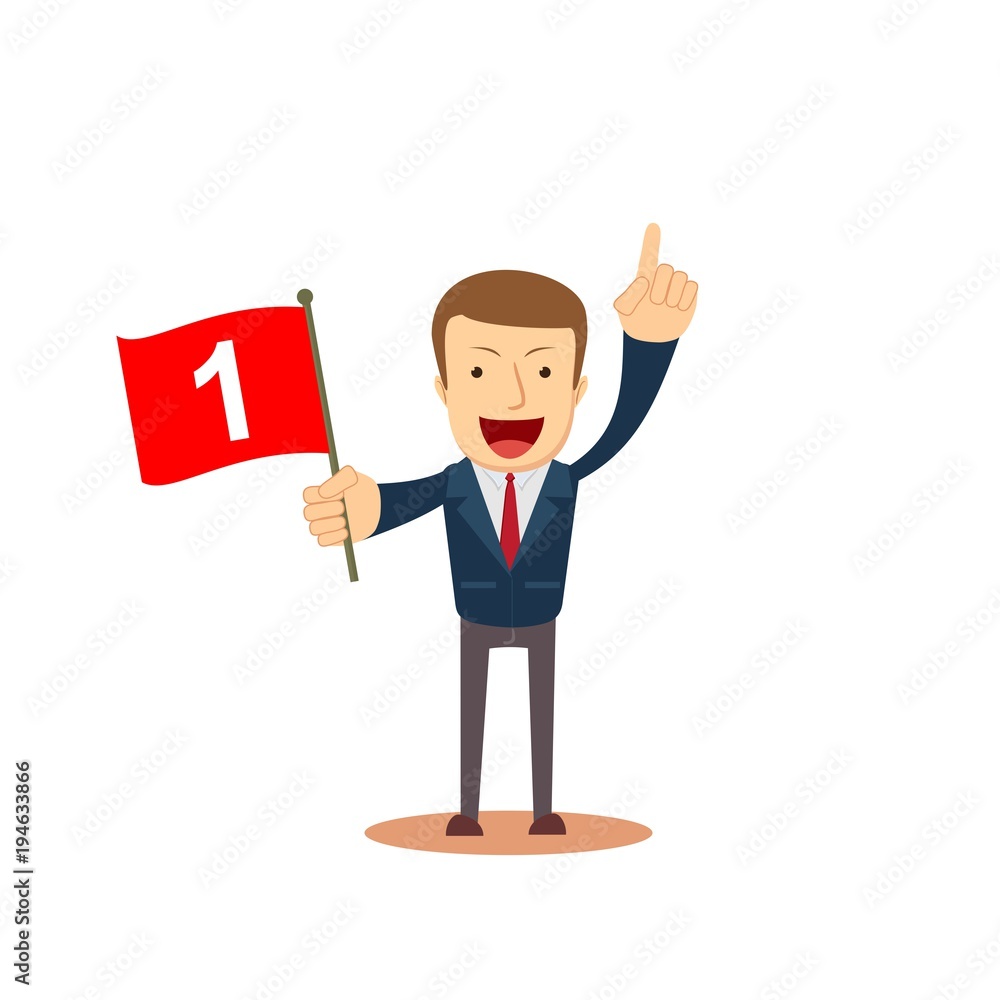 Happy businessman holding number one flag Successful Start up business concept. Vector illustration Happy businessman holding number one flag Successful Start up business concept. Vector illustration