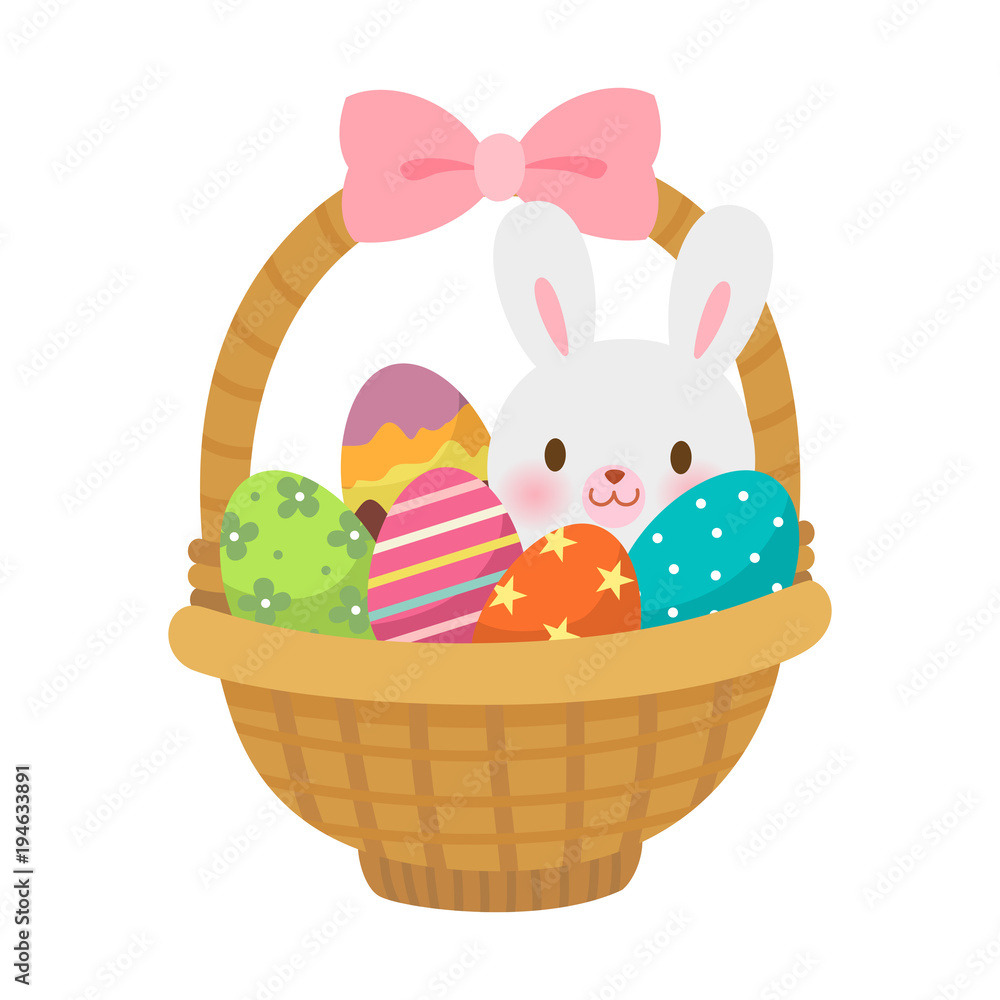 Easter basket with colorful Easter eggs and cute rabbit on a white background