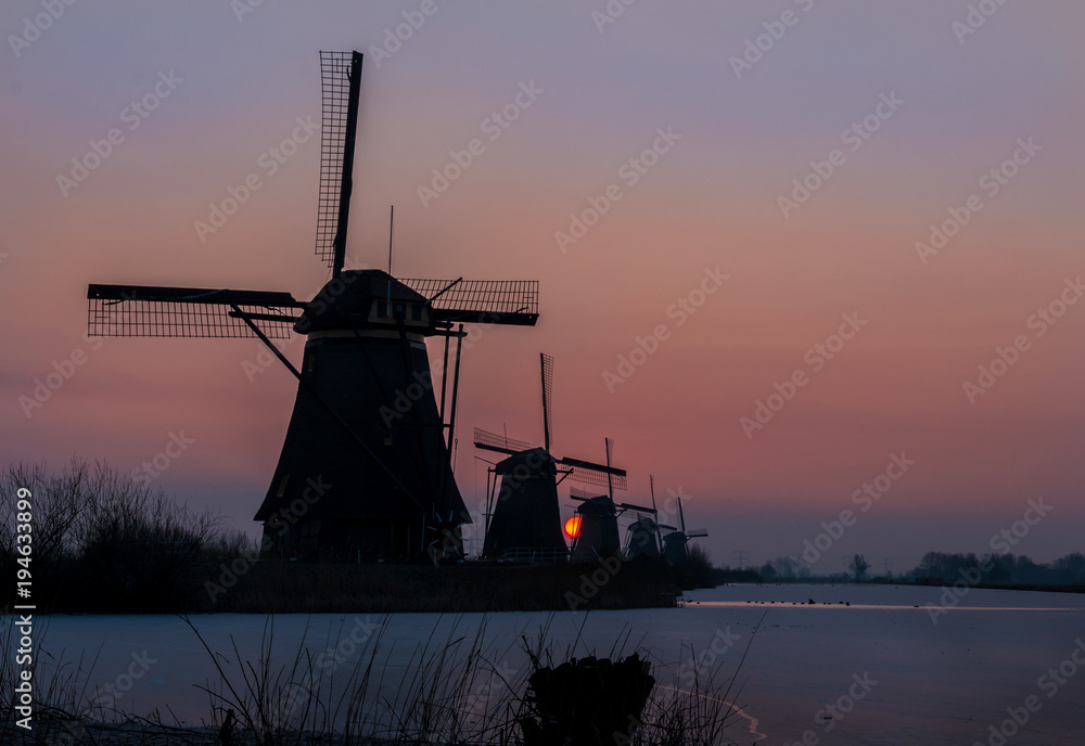 Mills at Kinderdijk during sunrise