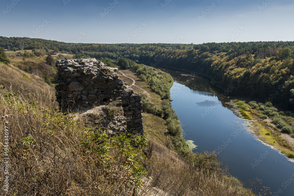 Ruins of the castle in Gubkiv, view on river Sluch, Rivno region, Volyn, Ukraine