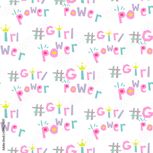 Girl power hashtags seamless vector pattern. Feminist symbol word.