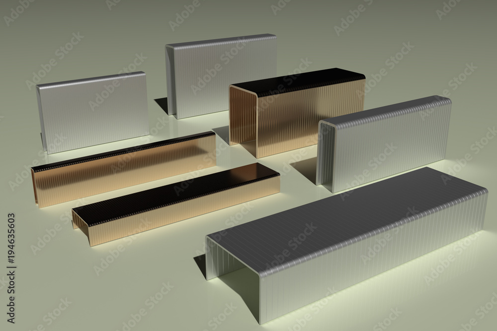 A 3d rendering of staples, made of steel, copper coated and galvanized A 3d rendering of staples, made of steel, copper coated and galvanized