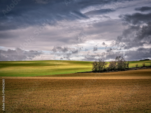 Paisaje con cielo tormentoso y tierra marr  n y verde