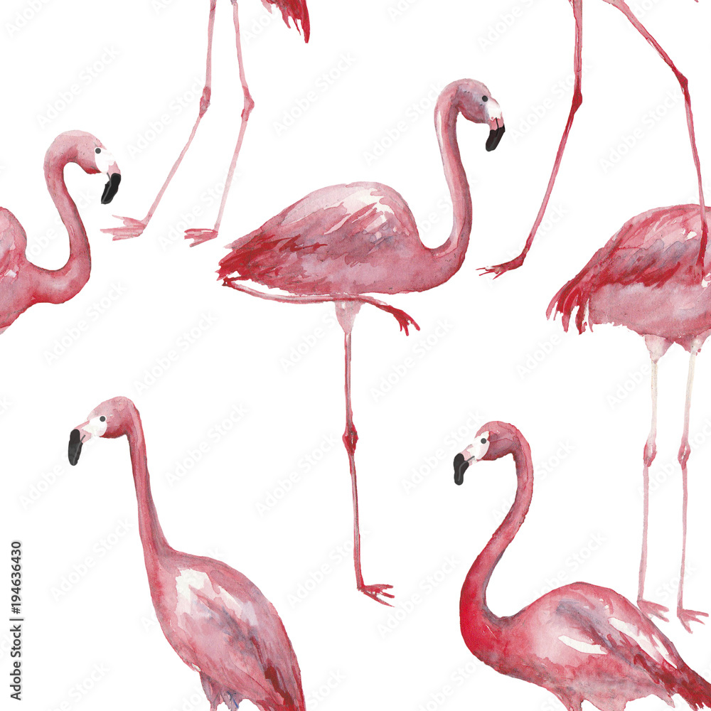 Fototapeta premium Watercolor tropical seamless pattern with flamingo