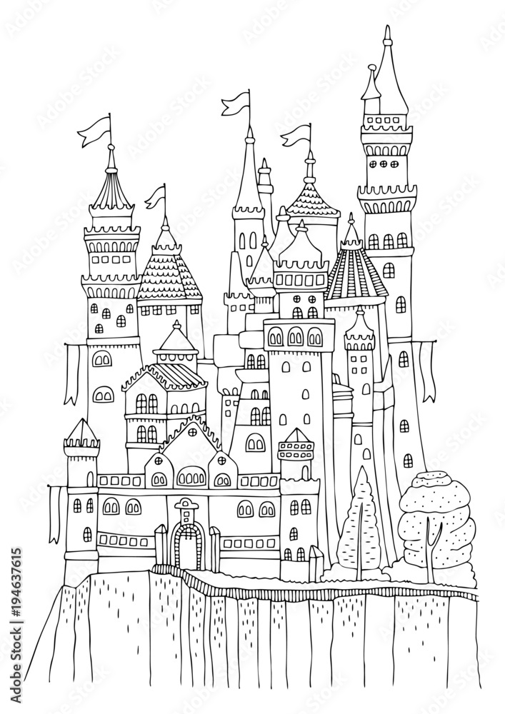 An old castle with many towers and flags. Hand drawn picture. Sketch for anti-stress adult coloring book in zen-tangle style. Vector illustration for coloring page, isolated on white background.