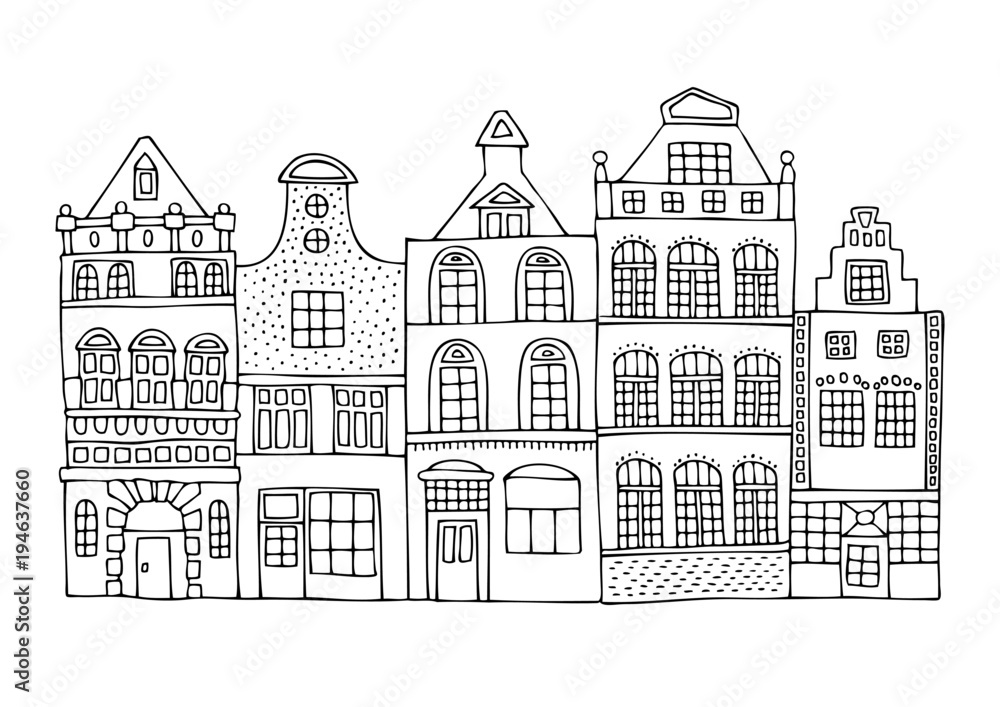 A hand drawn history street from a Dutch city. Sketch for anti-stress adult coloring book in zen-tangle style. Vector illustration for coloring page. 