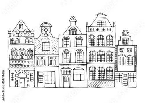 A hand drawn history street from a Dutch city. Sketch for anti-stress adult coloring book in zen-tangle style. Vector illustration for coloring page. 