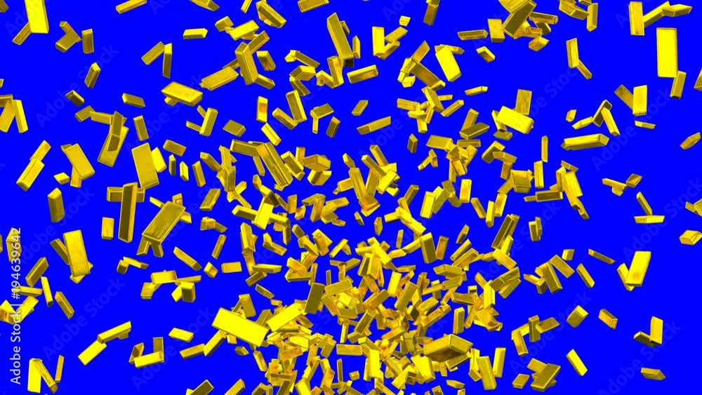 Animated a lot of shinning fine bars of gold flying or exploding toward camera against blue background. Animated a lot of shinning fine bars of gold flying or exploding toward camera against blue background.