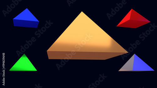 Free Download 3d-Illustration von glänzenden, schwebenden Pyramiden mit quadratischer Grundfläche vor dunkelblauem Hintergrund - GFXLoad