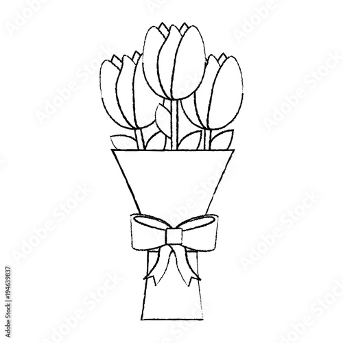 tulips bouquet flower spring icon image vector illustration design  black sketch line