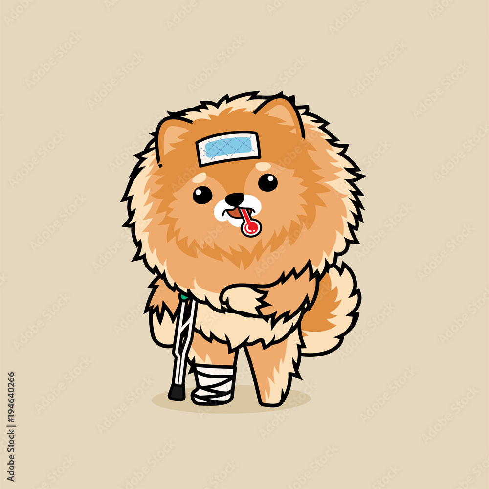 Cute cartoon character design Pomeranian dog get sick and broken leg. use cooling fever patch on forehead Stock Vector | Adobe Stock Cute cartoon character design Pomeranian dog get sick and broken leg. use cooling fever patch on forehead Stock Vector | Adobe Stock