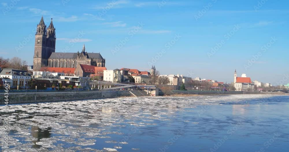 Magdeburg downtown during ice drift at Elbe, Germany, Spring Magdeburg downtown during ice drift at Elbe, Germany, Spring