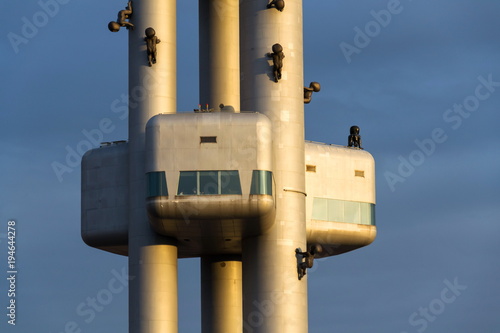 Photography Zizkov television tower transmitter detail during sunset in Prague, Czech Republ
