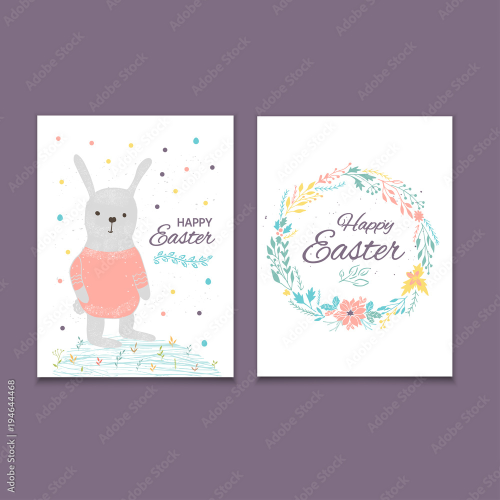 Easter banner background, template with cute banny, rabbit and text, hand drawn illustration.