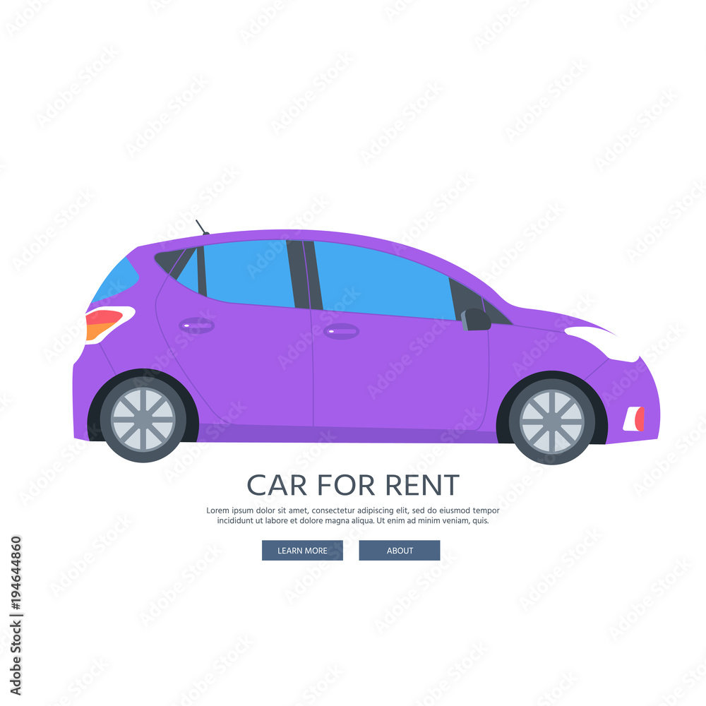 Poster with car isolated on white background. Public rent service concept.